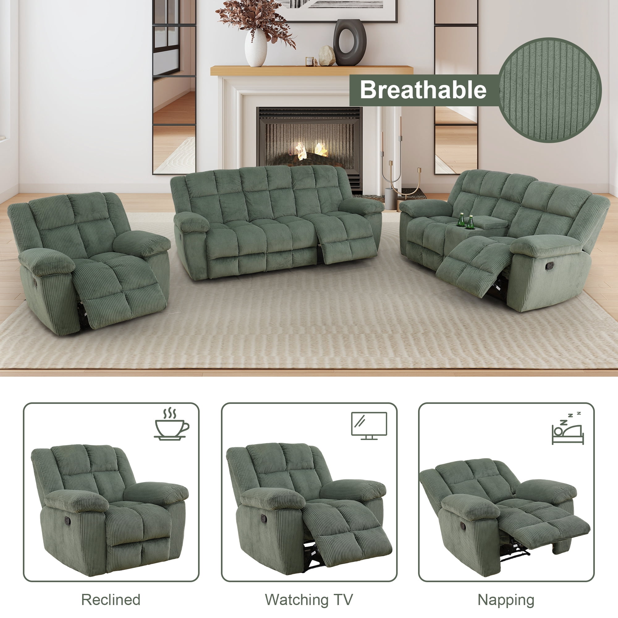 Aukfa 3-Piece Recliner Sofa Set, Oversized Armchair+Loveseat +3 Seat Sofa, 2 Cup Holders&Storage Console, Corduroy, Green