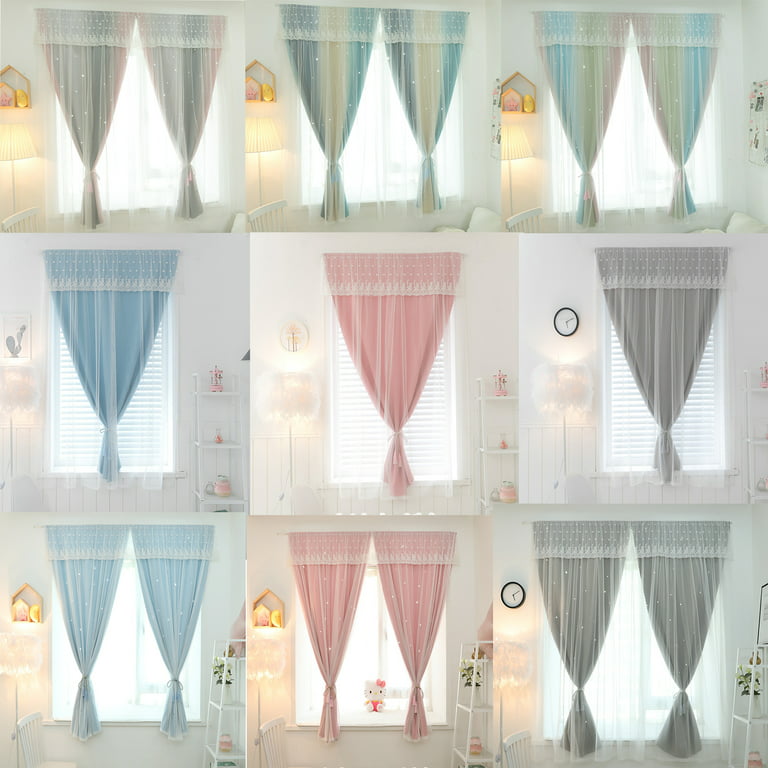 1Pcs Double Layer Lace Hollowed Out Star Curtain Velcro Free Hole Shading  Small Window Curtain 