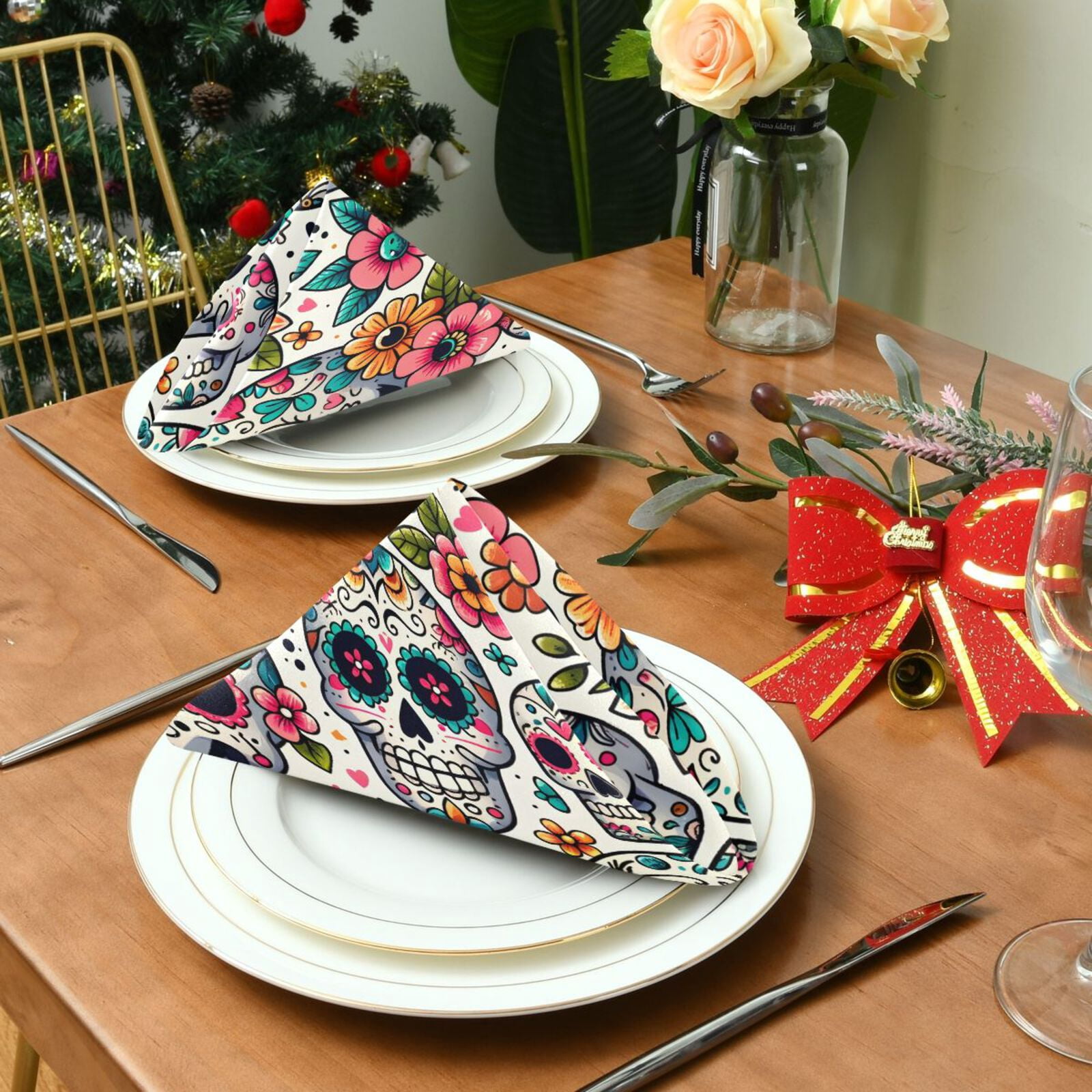 JSTEL Sugar Skull Day Of Dead Flower Cloth Napkins Set of 6, 20x20 Inch Washable and Reusable Napkin for Decoupage Dinner Party Everyday Use