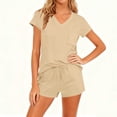 thumbnail image 3 of Puntoco Women's 2 Piece Outfits Casual Short Sleeve Pullover Tops and Drawstring Shorts Pants Lounge Sets Khaki S(S), 3 of 7