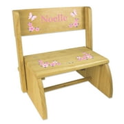 Angle View: Personalized Pink Gray Butterfly Garland Natural Flip Stool