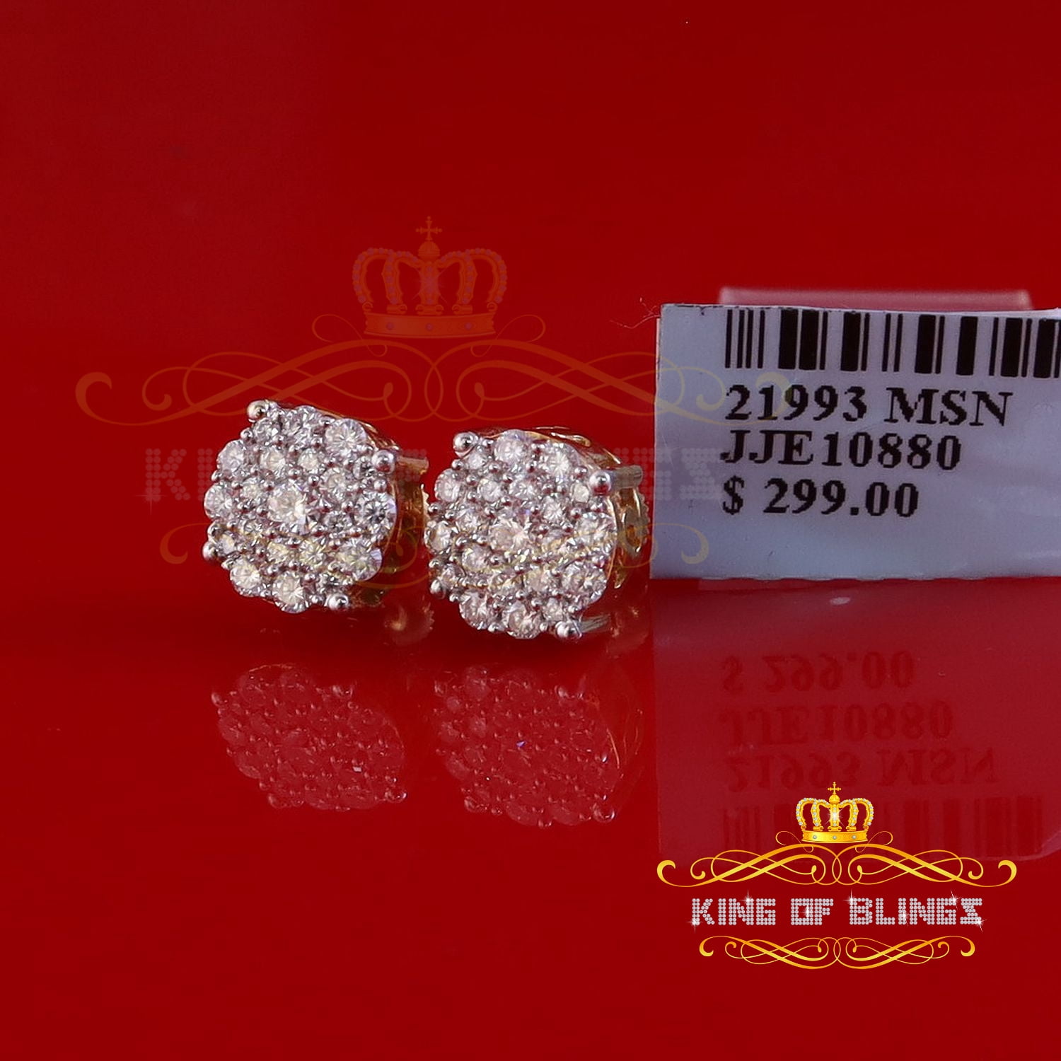 King of Bling's 1.00ct Cluster Earrings For Mens & Womens Moissanite 925 Sterling Silver Yellow