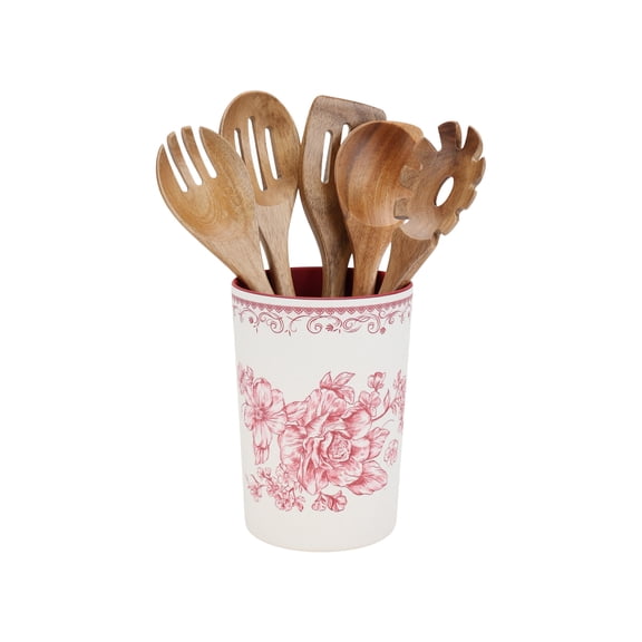 The Pioneer Woman Agetha 6-Piece Acacia Wood & Bamboo Melamine Crock Set, Red