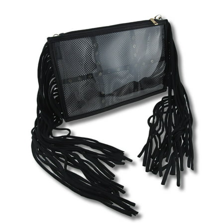 Spiked Clear Vinyl Clutch Purse with Black Mesh and Fringe | Walmart Canada
