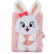 PinkSheep Bunny Furry Diary with Lock and Key for Boys Girls, Secret Rabbit Fuzzy Journal Notebook for Kids