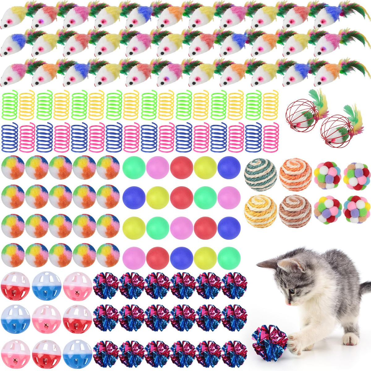150 Pcs Cat Toys Bulk, Kitten Toys Assorted Cat Toy Variety Pack Cats Toy Bundle with Mice Rainbow Balls/Springs Crinkle Balls/Lattice/Sisal/Table Tennis/Plush/Caged Bell for Indoor Cats Kitty Kitten