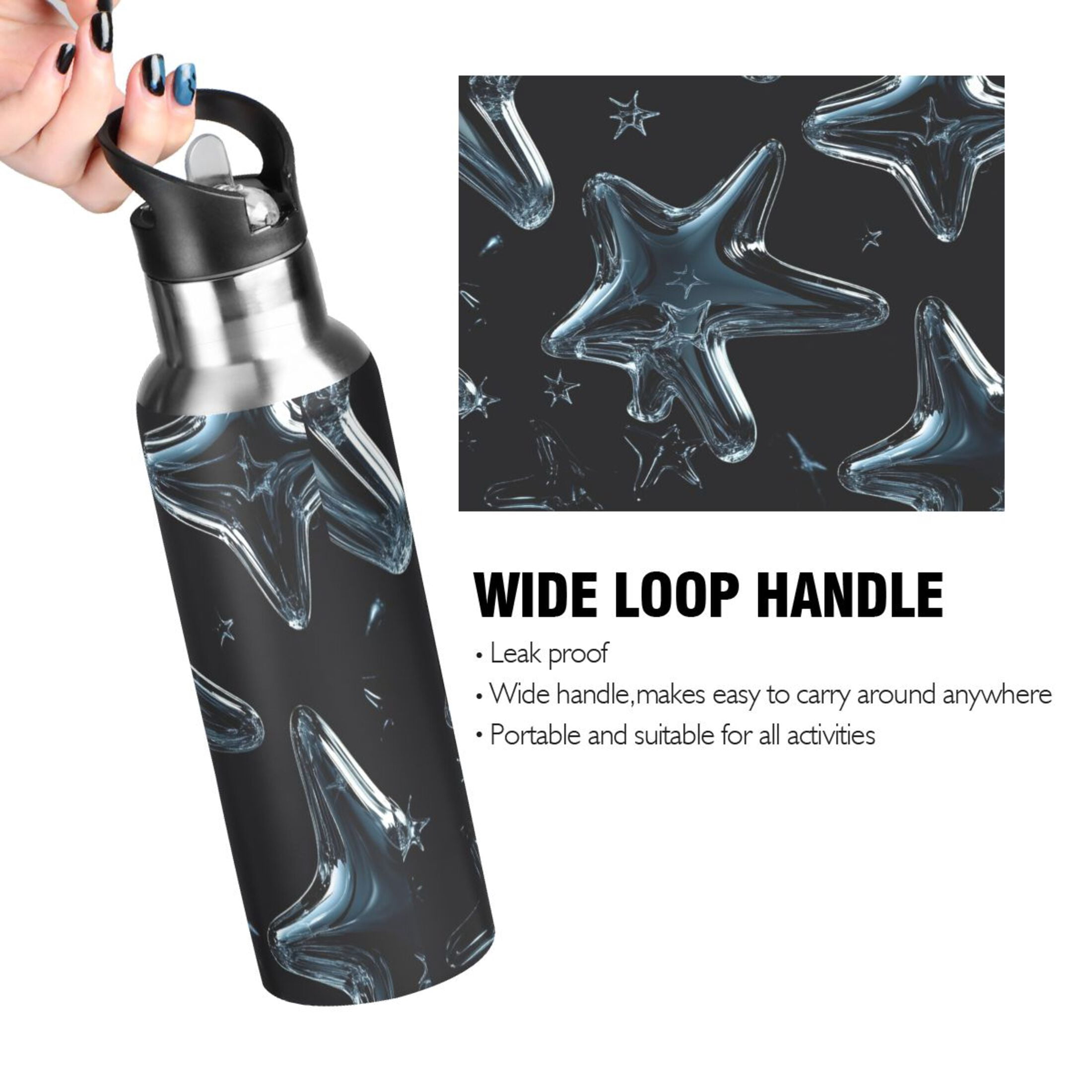 Transparent Glass Stars Sports Bottle with Straw Stainless Steel Water Jug Portable Thermal Cup Leak-proof 1000ML