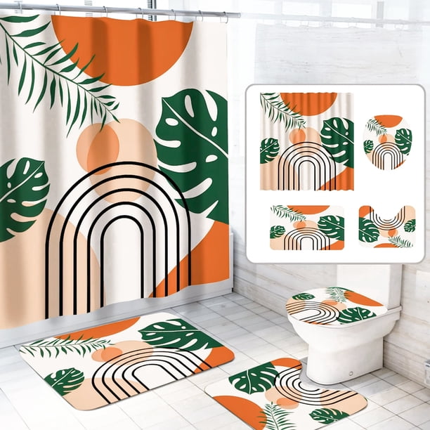 Dznils Juegos de Alfombras y Cortinas Shower de Tela Bohemia Abstracta Juegos de Baño Modernos de 16 Pzas, Marrón, 72 x 72