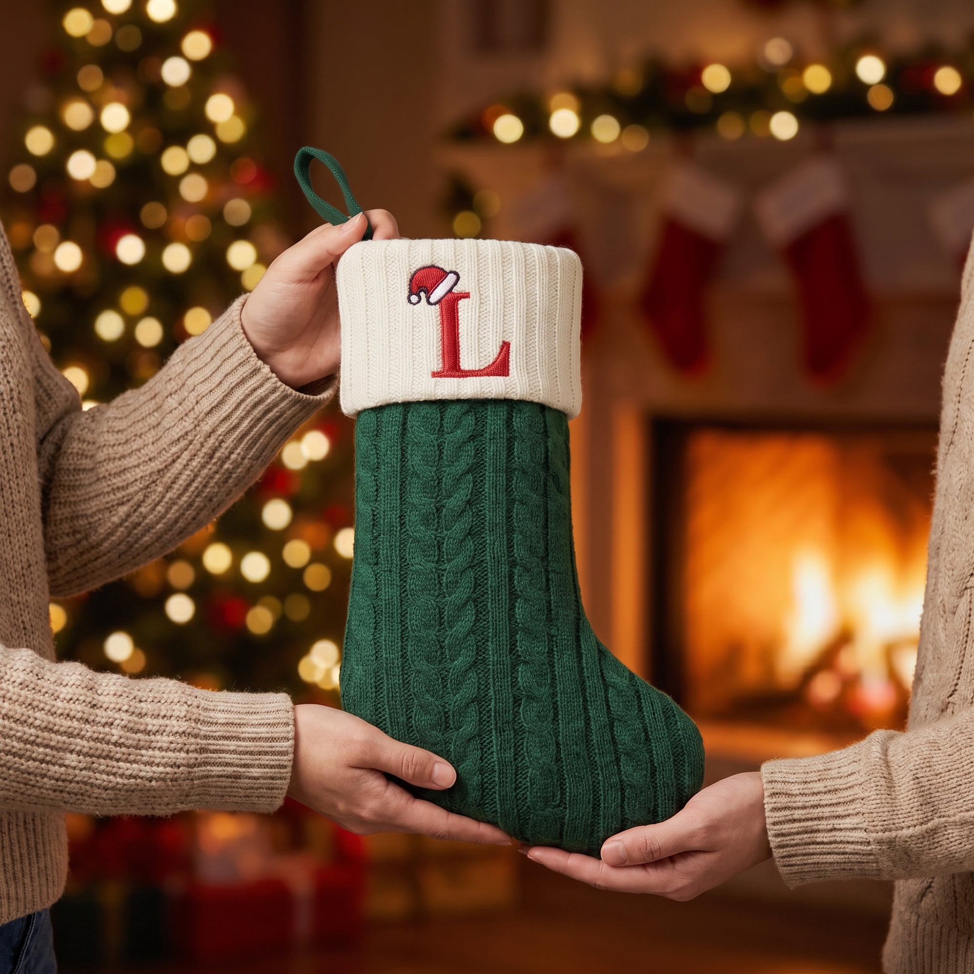 Unique Bargains Christmas Luxury Grand Hearth Accent Stocking Green Letter L 8"