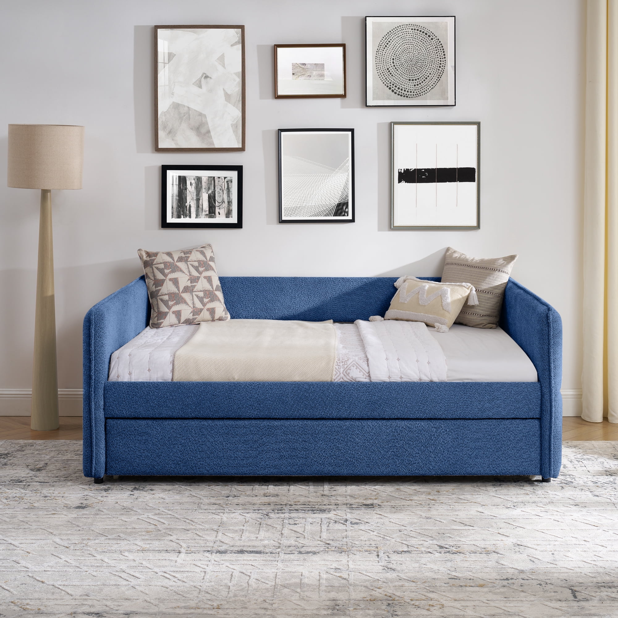 Mintazer Full Upholstered Daybed with Trundle, Boucle Fabric Sofa Bed for Living Room & Bedroom, Blue