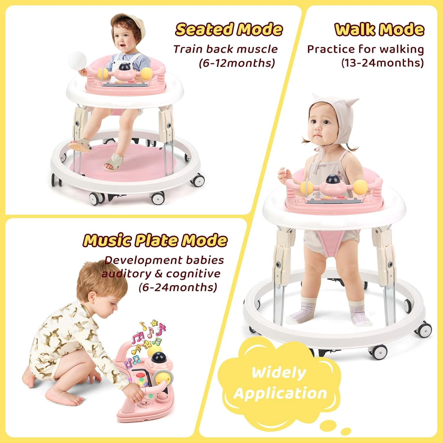 PRVAETU Foldable Baby Walker Activity Center W/ Music Toy,Wheels,Height Adjustable,Foot Pad for 6-18 Months Babies Infant Boys Girls,Pink