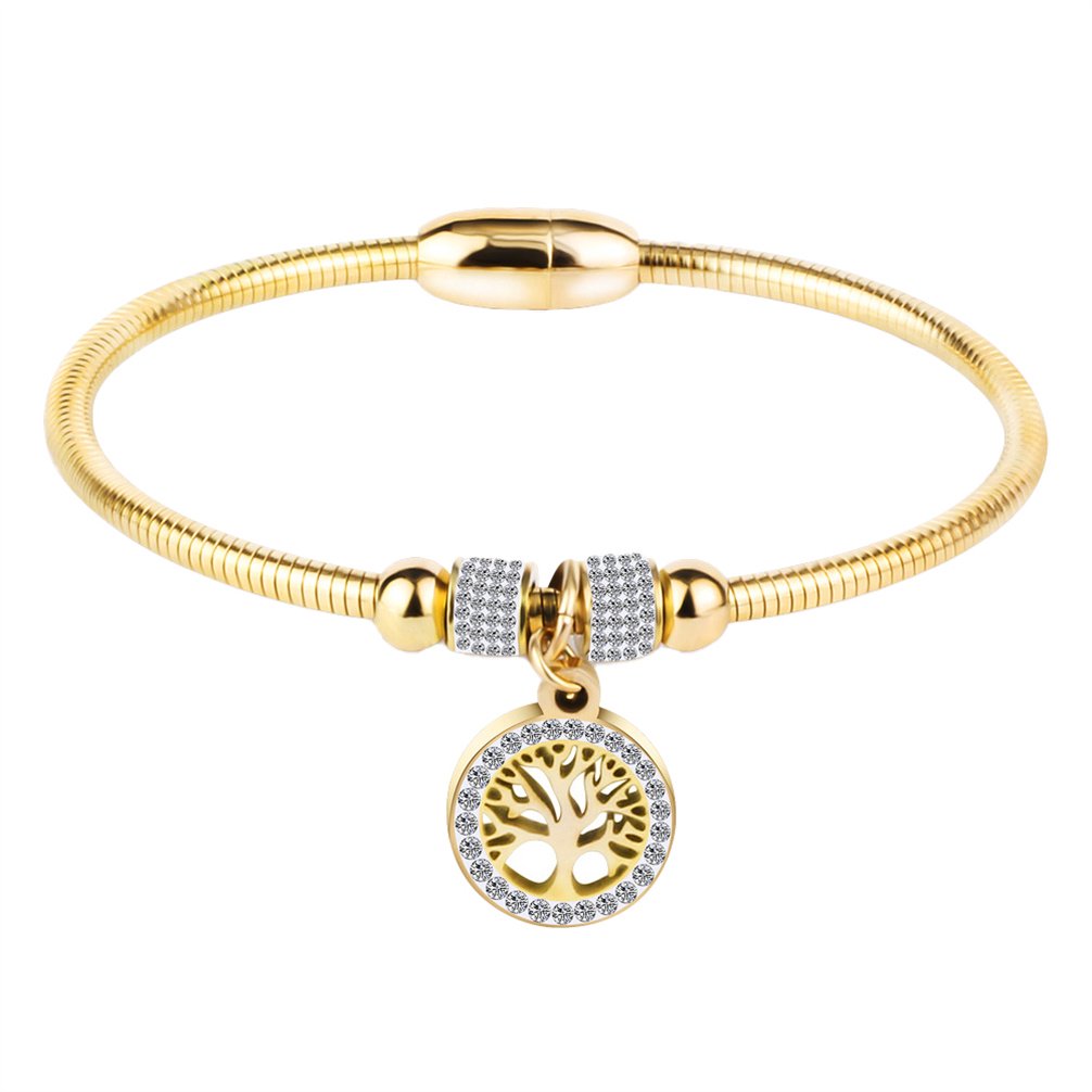 HIRPLIS Tree of Life Bracelet for Women Hollow Out Stainless Steel Cubic Zirconia Snake Chain Beaded Dainty Circle Charm Statement Personalized Gift Jewelry Gold Plated