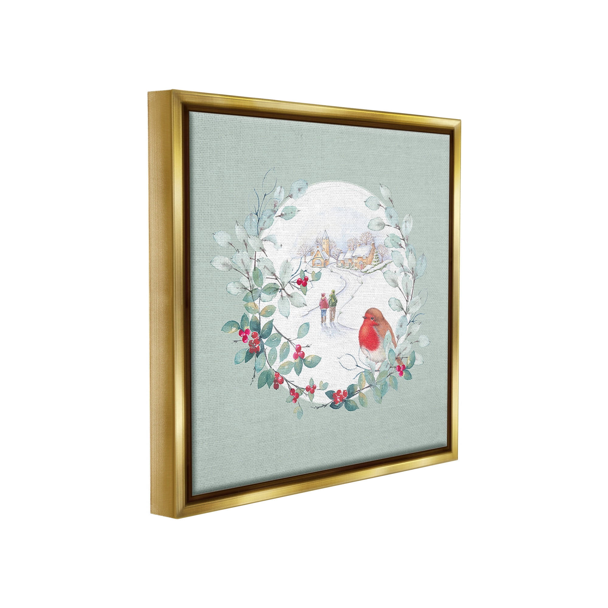 Stupell Industries Winter Scene with Border Holiday Painting Gold Floater Framed Canvas Art Print Wall Art, 18 x 18