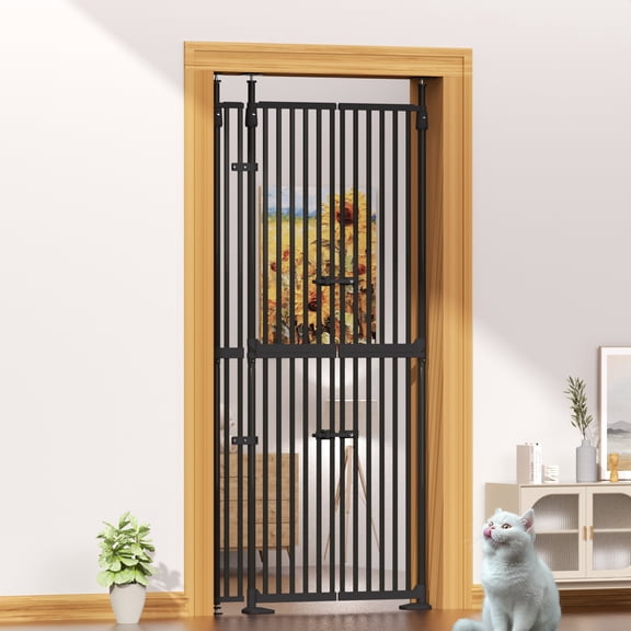YUFU 74.8" Extra Tall Pet Gate for Cats, adjustable height adjustable width 30.3"-38.2" Pressure Mounted, No Drill, Walk-Through Door for Stairs/Doorways,(black)