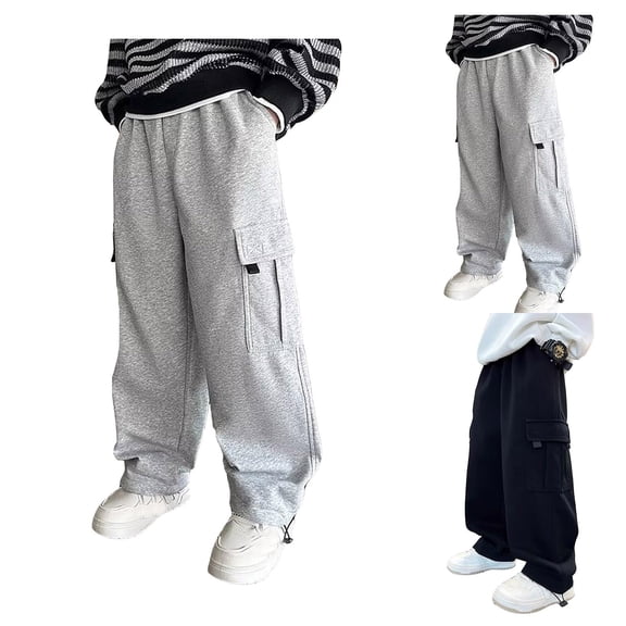 Blekii Boys Fleece Lined Sweatpants Wide Leg, Boys Fleece Lined Sweatpants, Open Bottom Wide Leg Athletic Pants for Kids, Yoga Running Joggers for 5-15 Years Open Bottom Athletic Pants Kids Yoga,