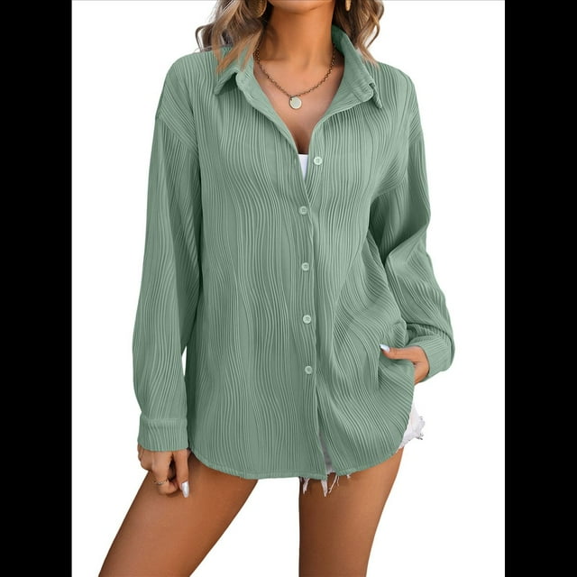 Camisas de Mujer con Botones, Camisa de Vestir de Larga, Blusa de Trabajo con Cuello Texturizado, Blusas Casuales Elegantes. Judías S