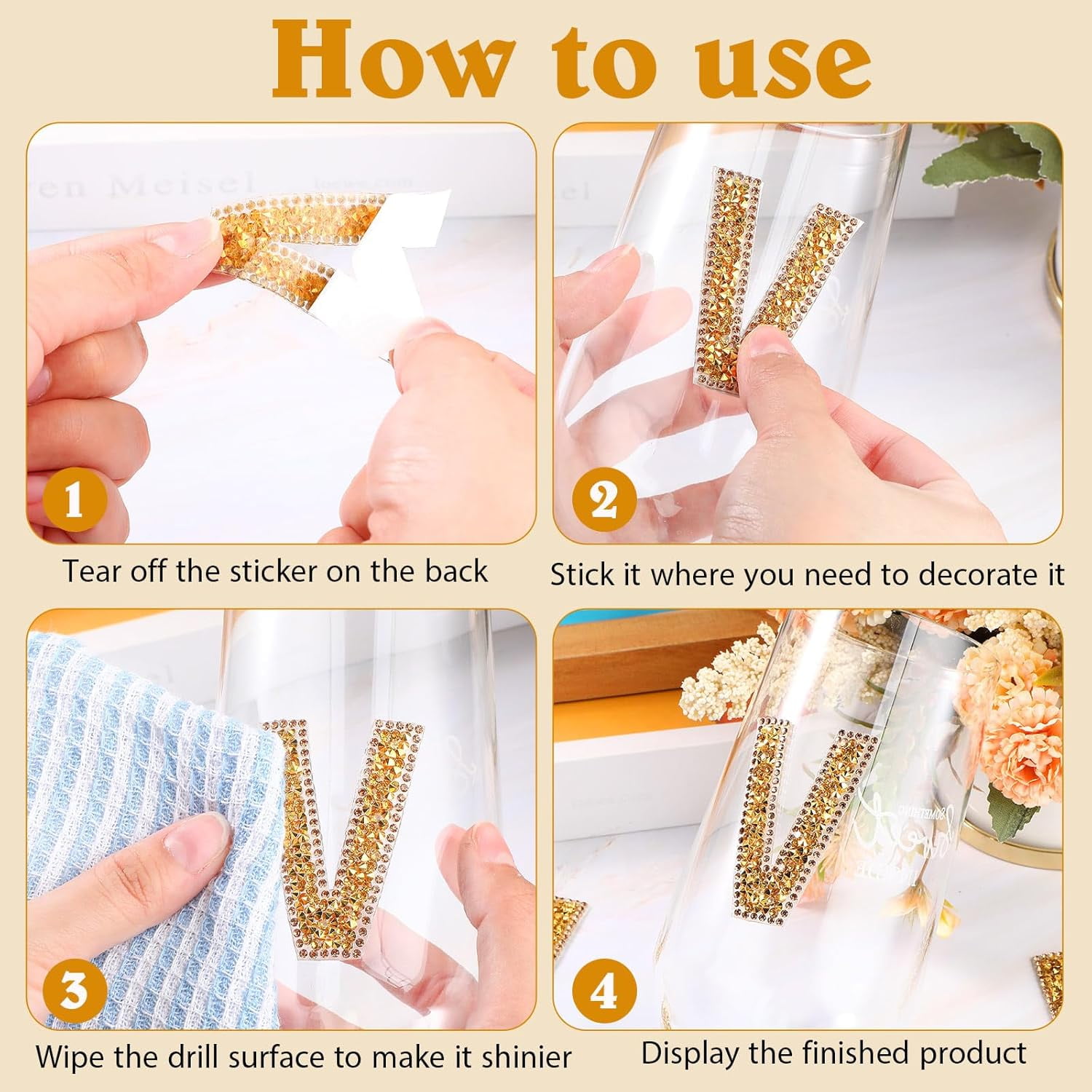 37 Pieces Rhinestone Letter Stickers Large Glitter Alphabet Crystal Number Self Adhesive Bling Stickers Iron on Letters for Art Crafts Clothing DIY Decors(Gold,2.56 Inch)