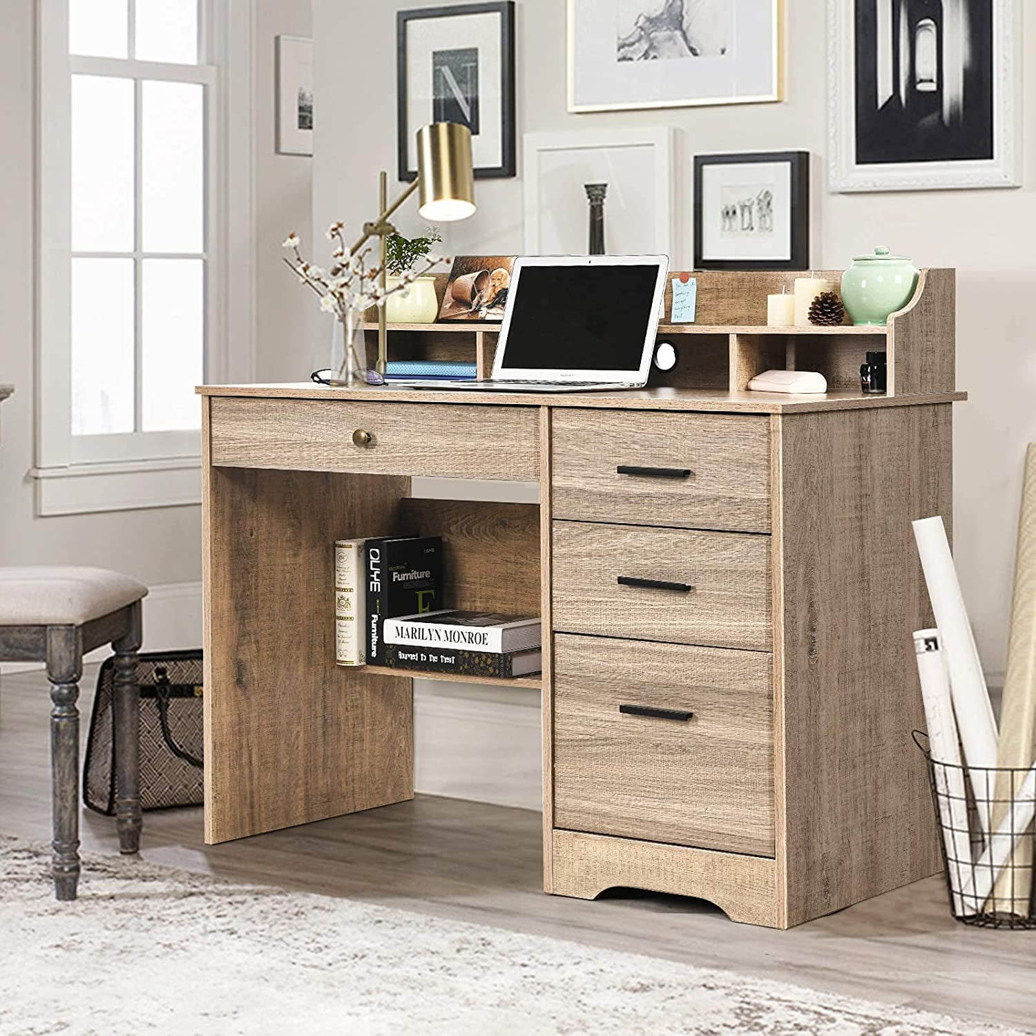 Catrimown Computer Desk with Drawers, Home Office Desk with Monitor Stand, Student Desk with Drawers, Light Oak
