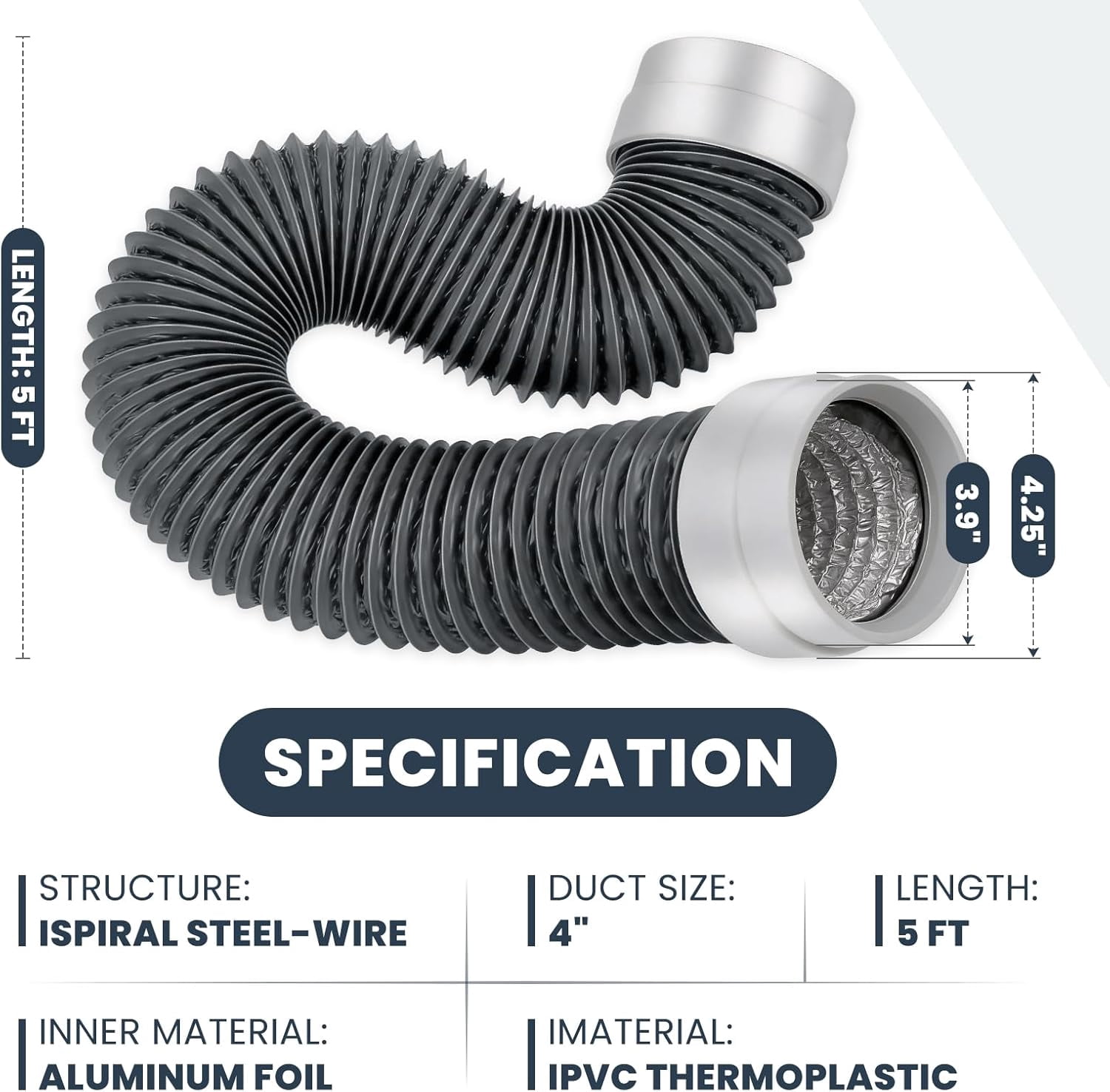 MKEUDQ-4 Inch Flexible Dryer Vent Hose, 5 FT, 6-Layer Reinforced Heat-Resistant Aluminum Vent Duct, Leak-Proof Rubber Seal Connectors, Easy to Install