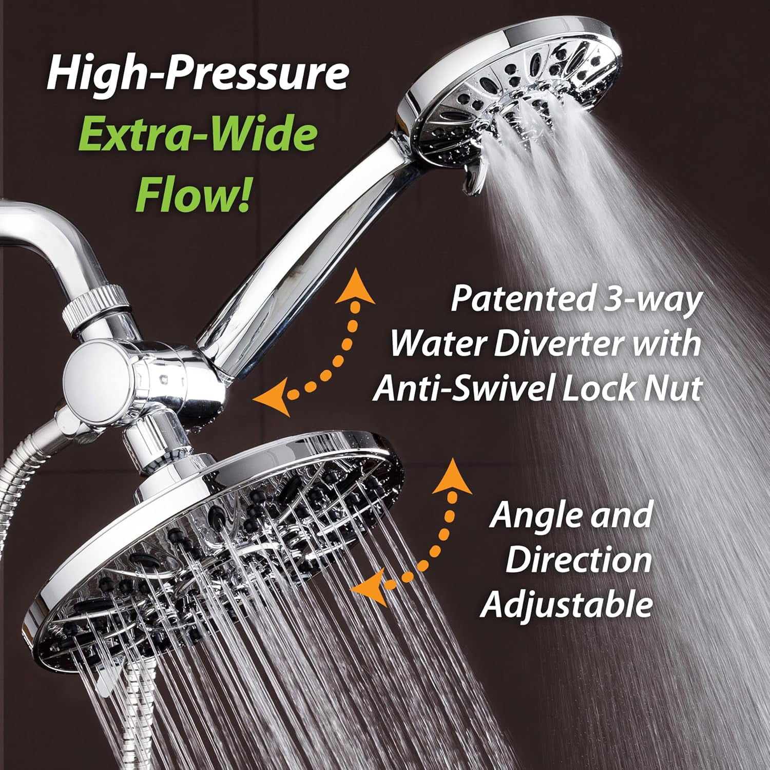 Premium High Pressure 3-Way Rainfall Combo for The Best of Both Worlds - Enjoy Luxurious Rain Showerhead and 6-Setting Hand Held Shower Separately or Together