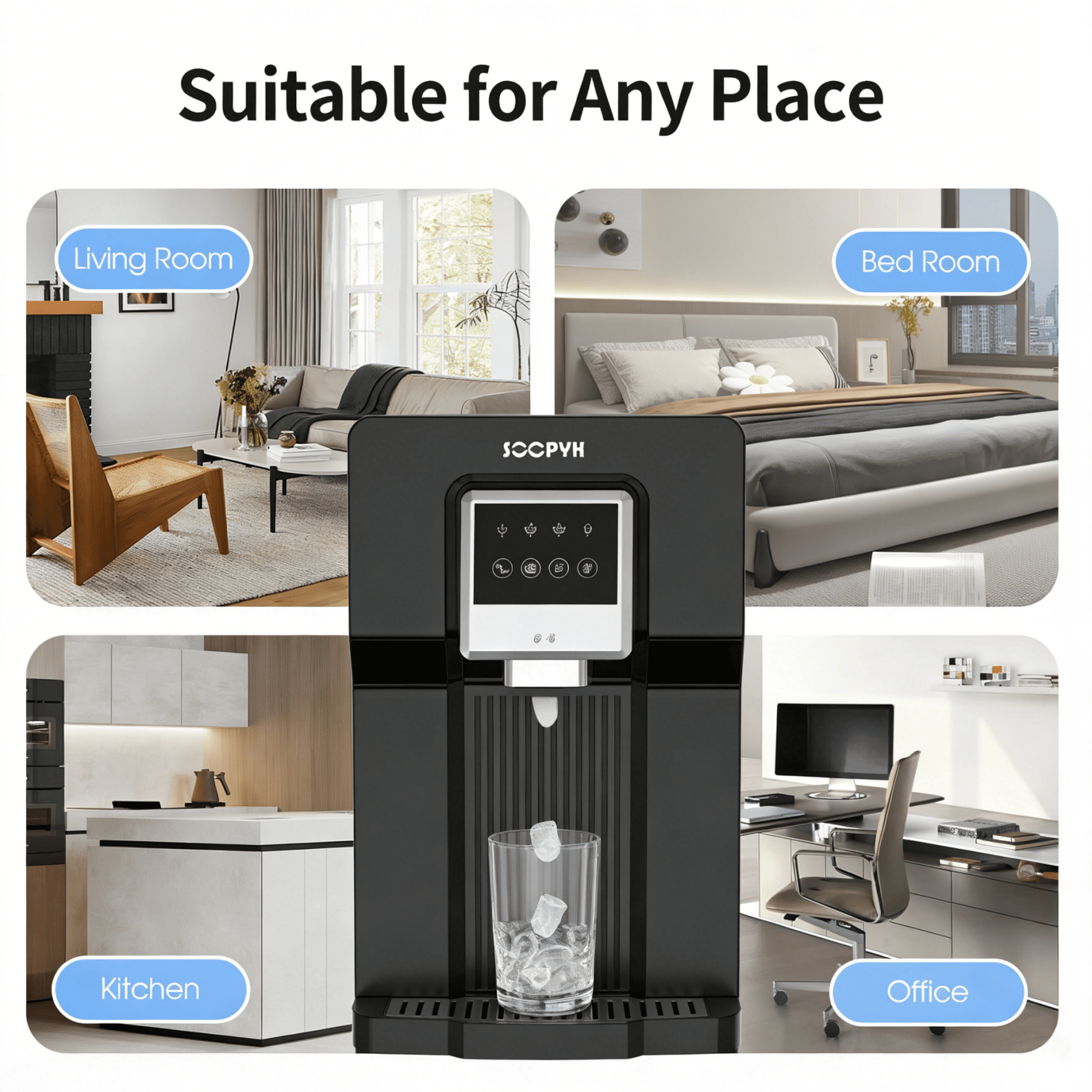 SOOPYK Water Dispenser with Ice Maker Bottom Loading  18lbs Ice Daily Capacity ,for 3–5 Gallon Bottles,for Home/Office,Black (No Hot Water)