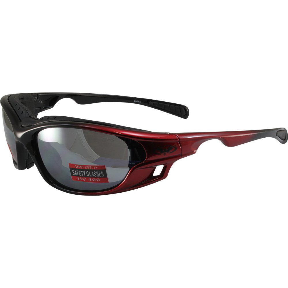 Global Vision Triumphant 1 Padded Motorcycle Sunglasses Gloss Red Frames Flash Mirror Lenses ANSI Z87+ 