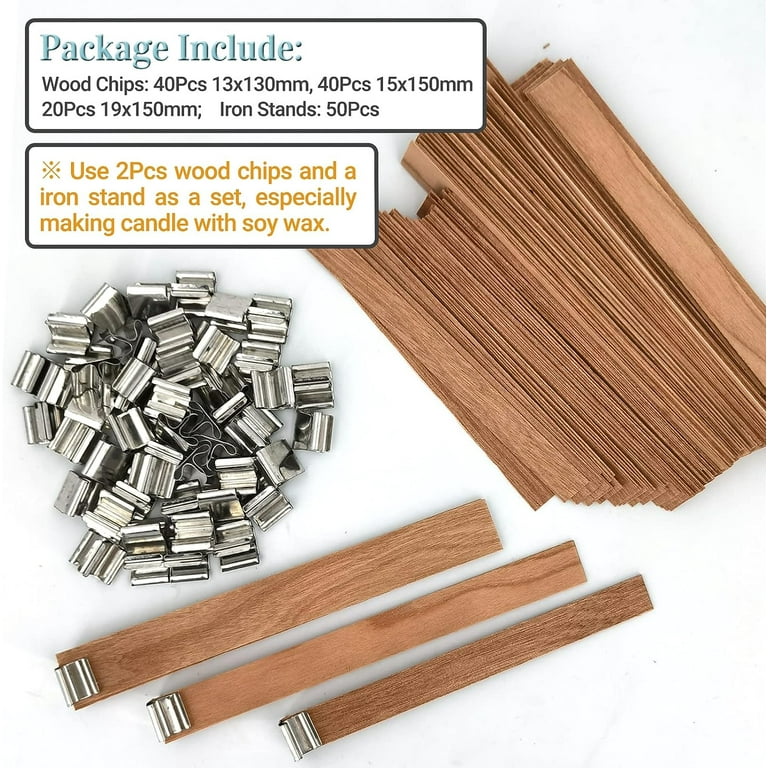 50 Pcs Wooden Candle Wicks + + 50pcs 304 Stainless Steel Base + 50  Double-Sided Stickers,Thickened Wood Wicks with Iron Stand & Candle Wick  Trimmer