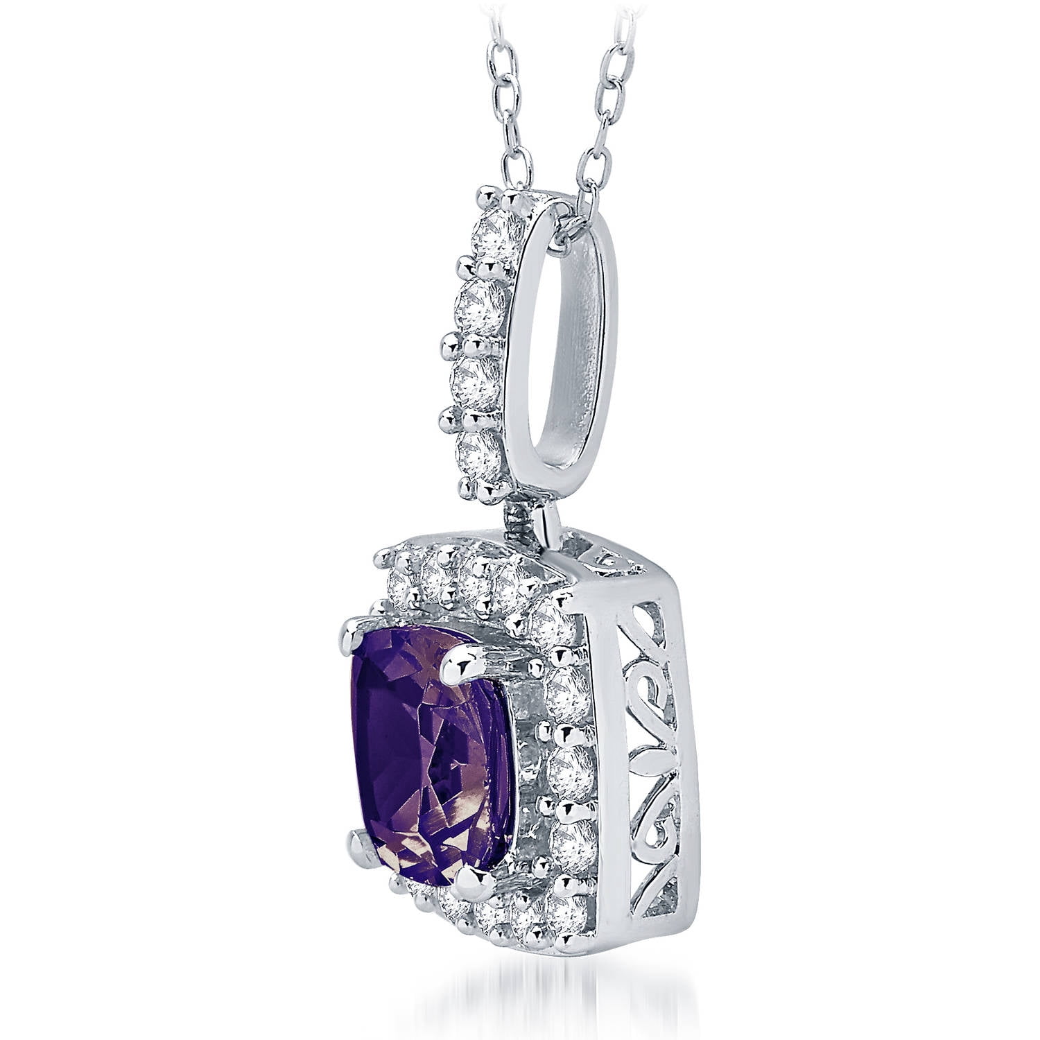 Arista Created Square Amethyst and Round White Sapphire Sterling Silver Women's Halo Pendant, 18"