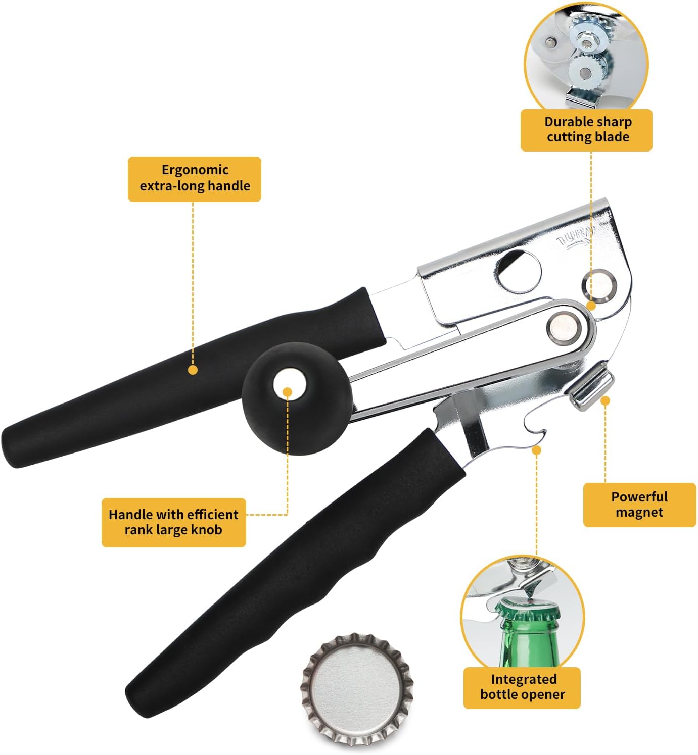 ABCISI Manual Can Opener, Heavy Duty Power Can Opener with Soft Touch Handle, Sharp Blade, Smooth Edge, Can Opener with Multi-Purpose Bottle Opener, Get a Bottle Opener, Black