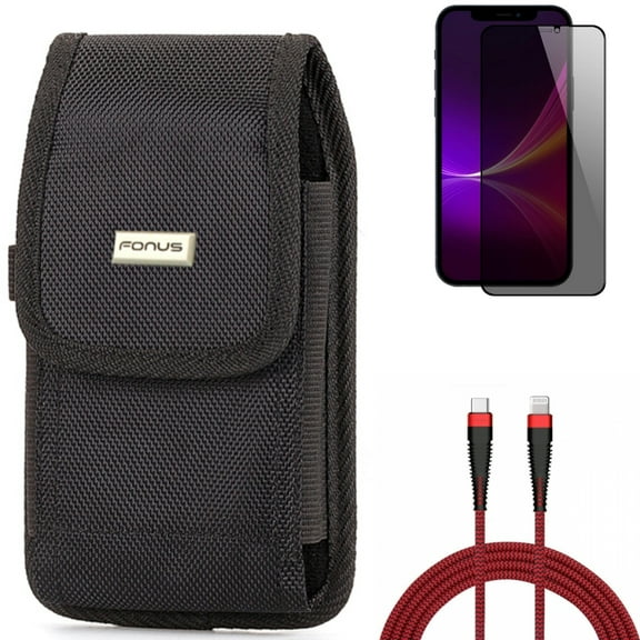 Case Belt Clip & PD Cable & Privacy Screen Protector for iPhone 13 Pro Max ONLY - Rugged Holster Canvas   10ft USB-C to iPhone Charger   Tempered Glass Curved Anti-Spy Combo