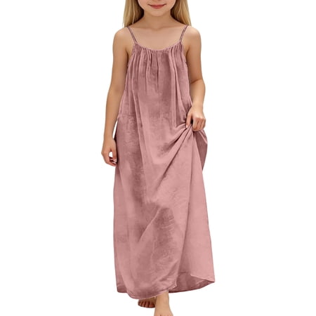 CCRFTGI Backless Cami Dress for Children Girls 10-12 Cute Sleeveless Maxi House Dress 2026 Summer Spaghetti Strap Party Flowy Beach Sundress Pink 7-8 Years