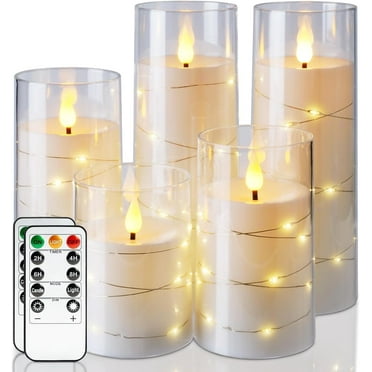 Homemory Pure White Flameless Candles with Embedded Star String Fairy Lights, Battery Operated Candles, LED Candles, Fake Candles with Remote Control and Timer, Set of 5(H4 5" 6" 8" 8")