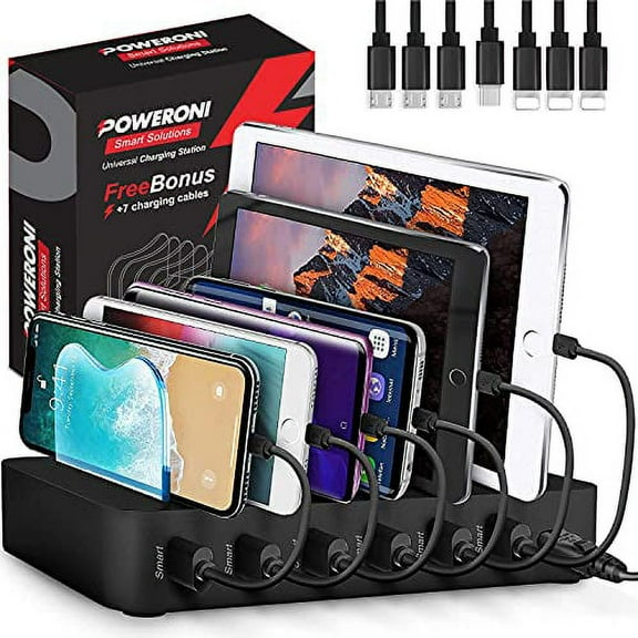 Poweroni USB Charging Station for Multiple Devices Apple Android Compatible - Charging Station Organizer with 7 Cables, Fast Charge Multi Device Phone Charger Station Charging Dock (Black 6-Port)