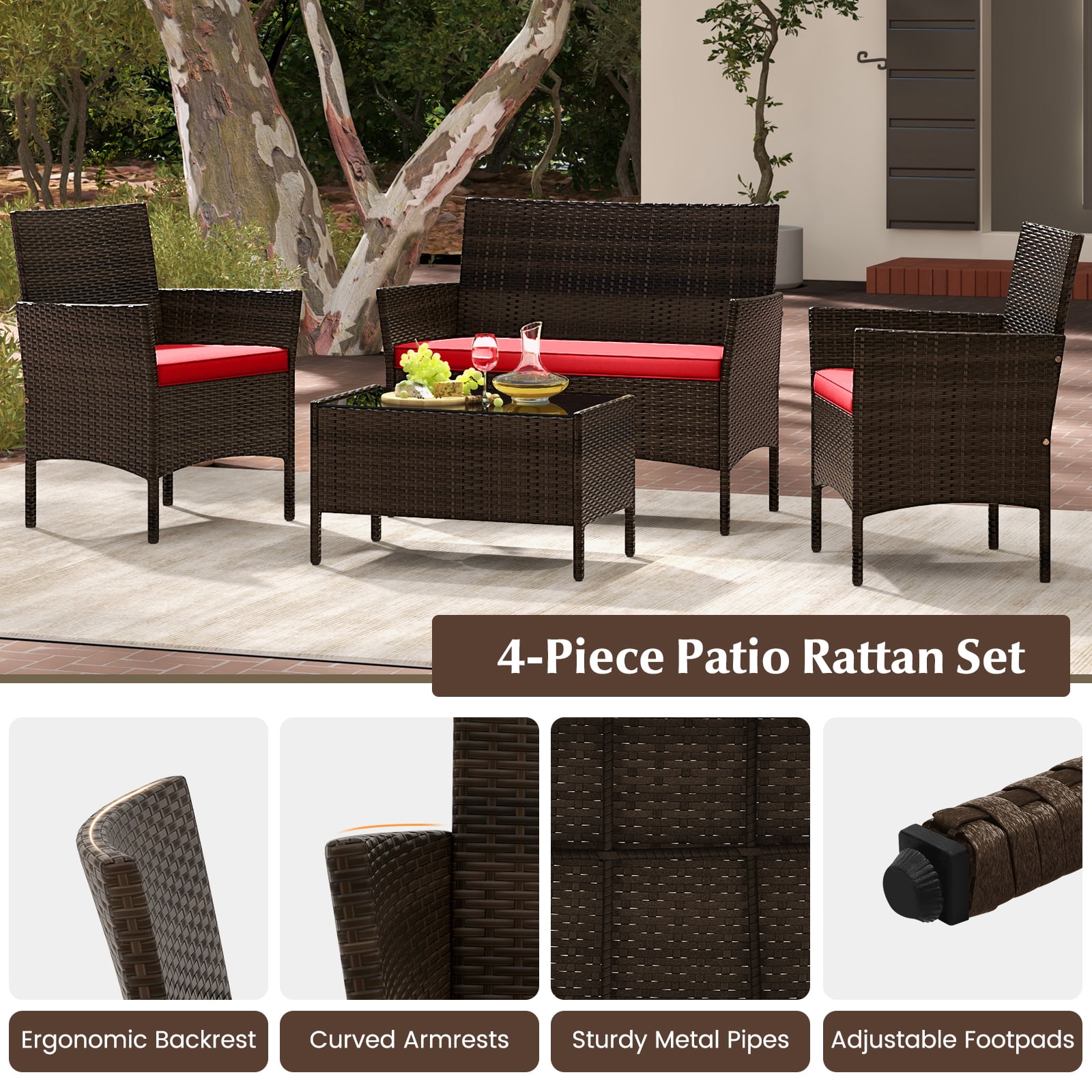 Gymax 4PCS Outdoor Furniture Set Patio Rattan Conversation Set w/ Red Cushion