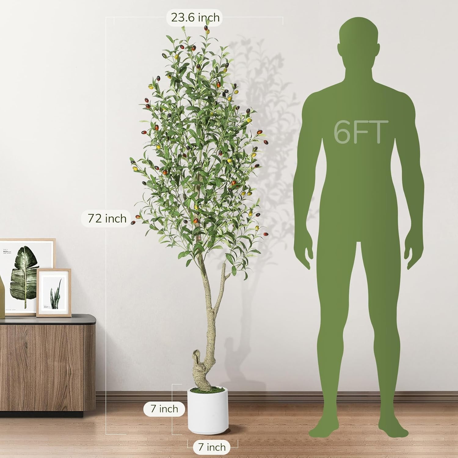 Tall Faux Olive Tree, 6ft(72in) Olive Trees Artificial Indoor with White Planter and Green Fake Moss for Home Office Living Room Bedroom Stairs Foyer Decor, 1 Pack