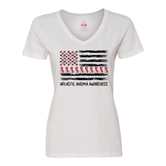 Inktastic Aplastic Anemia Awareness Red and White Ribbons and Flag Women's V-Neck T-Shirt