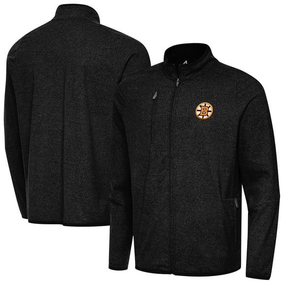 Men's Antigua Heather Black Boston Bruins  Raglan Hold-Up Full-Zip Tri-Blend Jacket