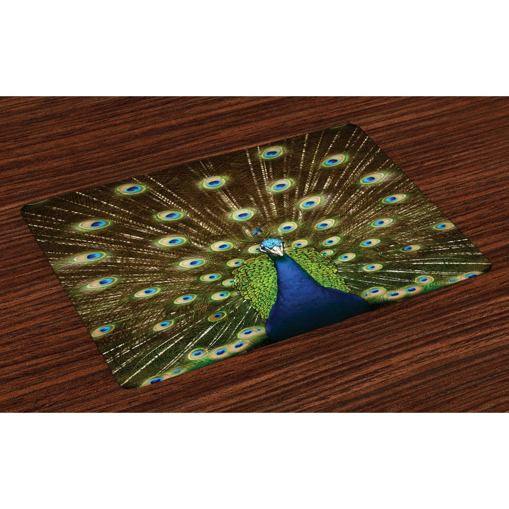 Peacock Placemats Set of 4 Portrait of Peacock with Feathers out
