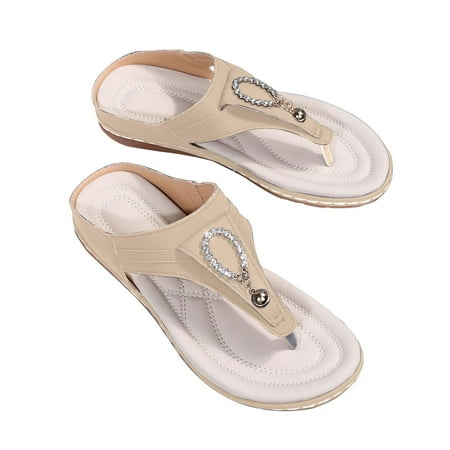 

Aueoeo Thong Toe Rhinestone Slippers Women s Round Head Outer Wear Solid Color Low-heeled Flip-flops