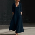 thumbnail image 4 of BRGZLK Women Maxi Dresses Solid Color V Neck Long Sleeve Cotton Linen Beach Sundress Lightweight Casual Loose Flowy Dress with Pockets Navy XL, 4 of 8