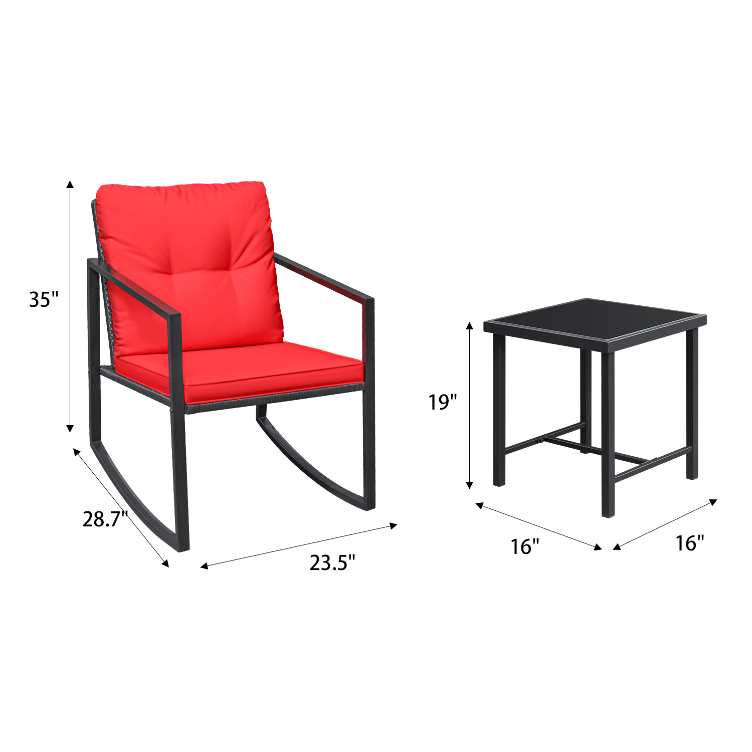 Lacoo 3 Pieces Patio Furniture Set Rocking Wicker Bistro Sets Modern Outdoor Rocking Chair Furniture Sets Cushioned PE Rattan Chairs Conversation Sets with Glass Coffee Table (Red) - image 3 of 7