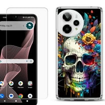 Phone Case for Cricket Icon Plus 2026, with Screen Protector, by OneToughShield - Skull Flower