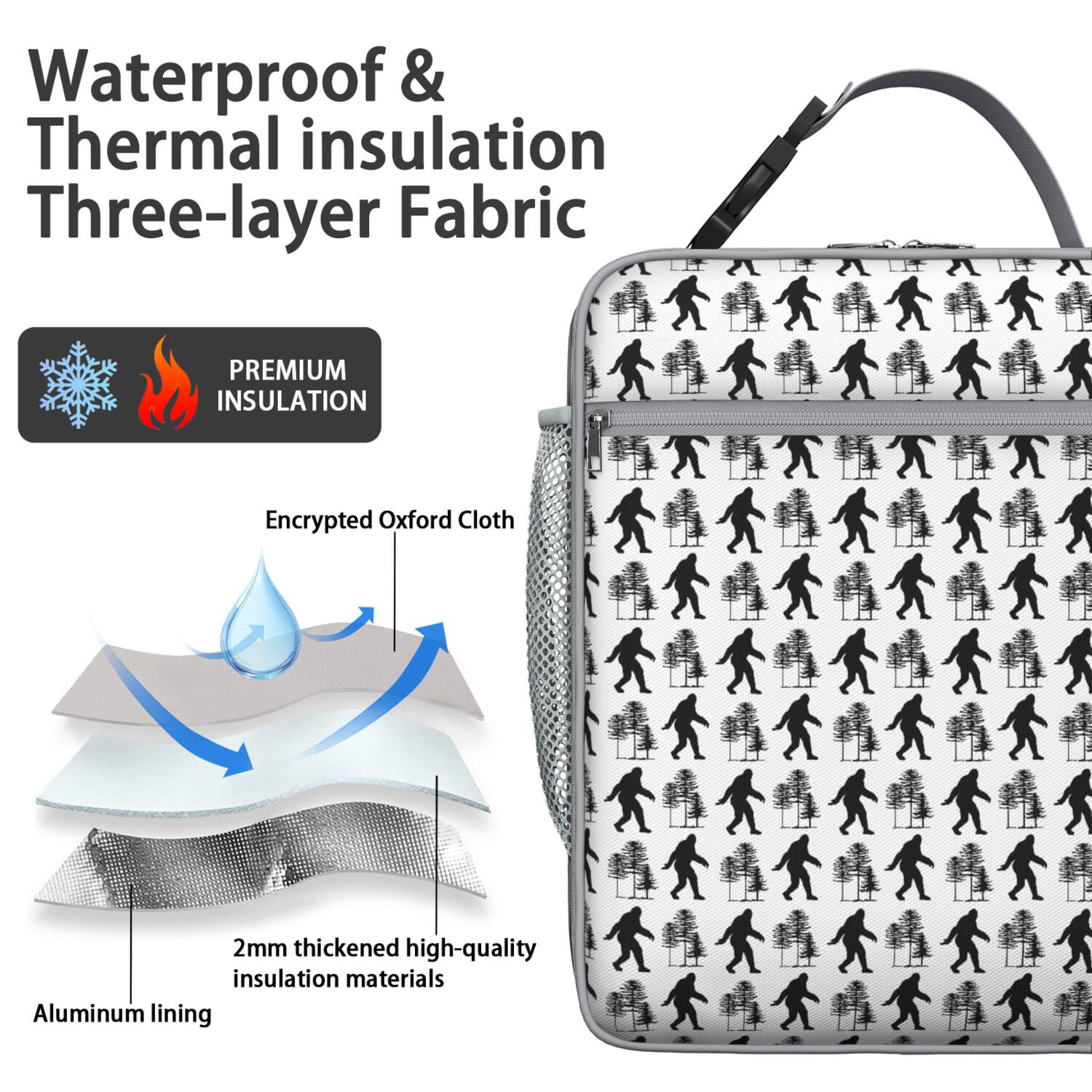 Funny Bigfoot Insulated Lunch Bag for Men Women, Waterproof Cooler Tote with Sasquatch Footprint Print, Spacious Thermal Meal Bag for Hiking, Camping, Office, Survival, Outdoors
