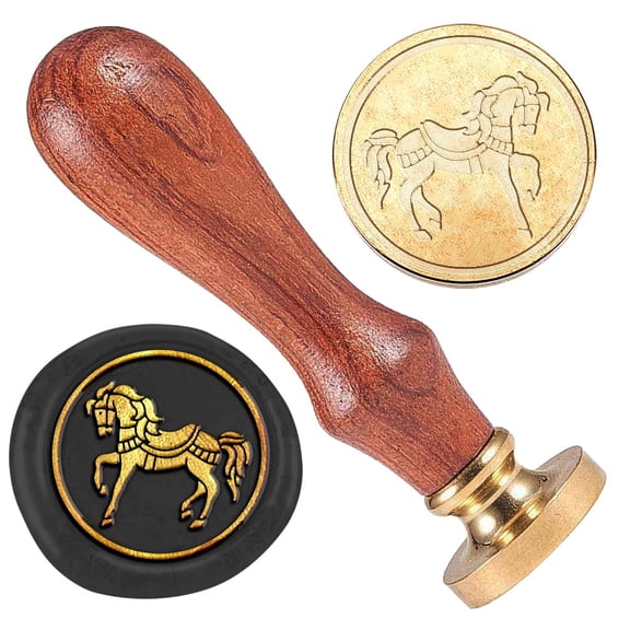 Wax Seal Stamp Set 1Pc Golden Tone Sealing Wax Stamp Solid Brass Head with 1Pc Wood Handle for Envelopes Invitations Gift Card Horse 83x22mm