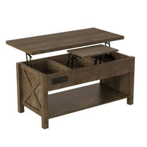 42" Lift Top Coffee Table with Hidden Compartment & Storage Shelf，Center Table Converts to Dining Table，Rising Living Room Table Retro Central Table with Charge Station/USB Port