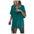 thumbnail image 2 of Njoeus Swimsuit Cover Ups for Women V Neck Loose Beach Bathing Suit Crochet Cover Up Short Sleeve Hollow Out Bikini Coverup, 2 of 7