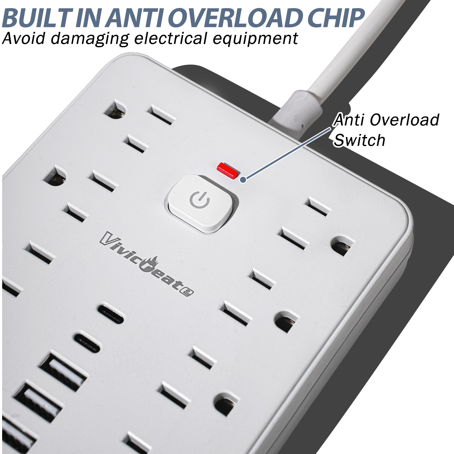 Vivicreate 16-in-1 Power Strip Surge Protector with 10 AC Outlets, 4 USB-A & 2 USB-C Ports, Flat Plug Short Extension Cord, Compact Power Strip for Home, Office, Desk & Travel