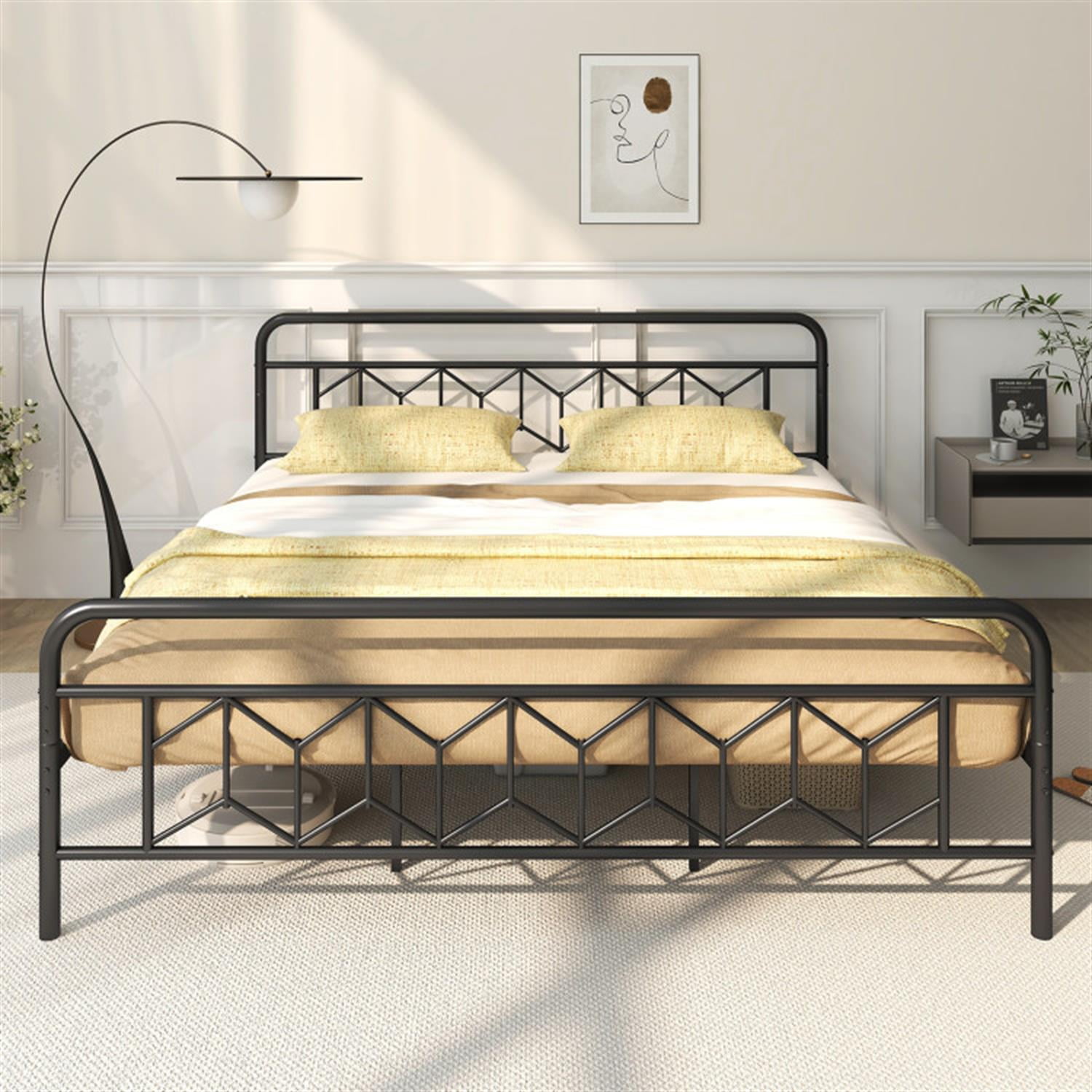 Demi Bonn King Size Bed Frame with High Headboard and Snap Lock Metal Slats, Platform Bed Frame with Under Bed Storage, No Box Spring Needed, Black