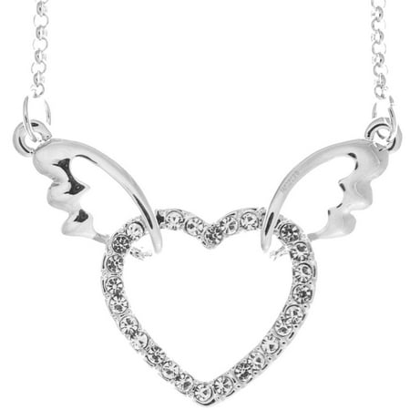 Rhodium Plated Necklace with Winged Heart Design with a 16 Extendable Chain and High Quality Clear Crystals by Matashi