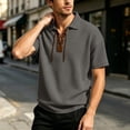 thumbnail image 2 of FINALGANG Mens Solid Color Polo Neck Short Sleeve Waffle Knit Lace Up TShirt For Casual Daily Wear Bohemian Style Outings Themed Party Activities Grey S, 2 of 8